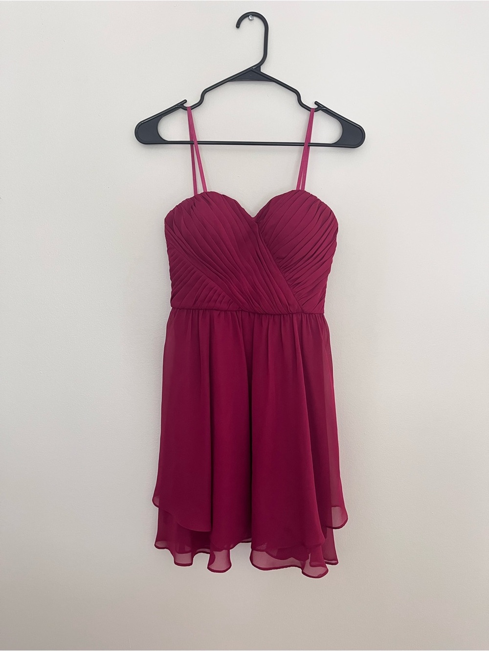 Hailey Logan Spaghetti Strap Pleated Chiffon Mini Dress in Berry